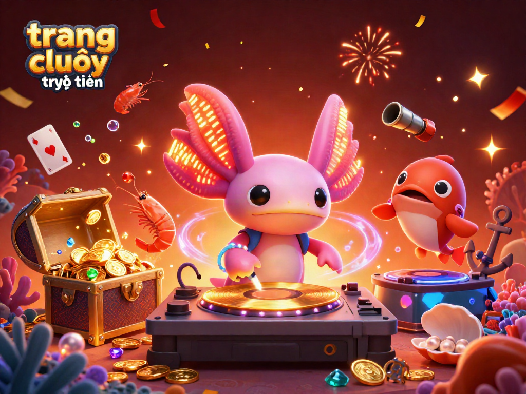 Trải nghiệm trang chơi casino trực tuyến với DJ axolotl sống động và các yếu tố đầy màu sắc.