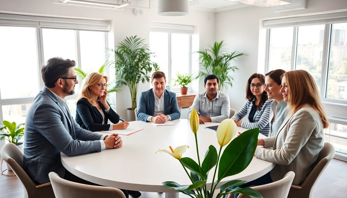 Mediation session with engaged participants discussing solutions in a bright office.