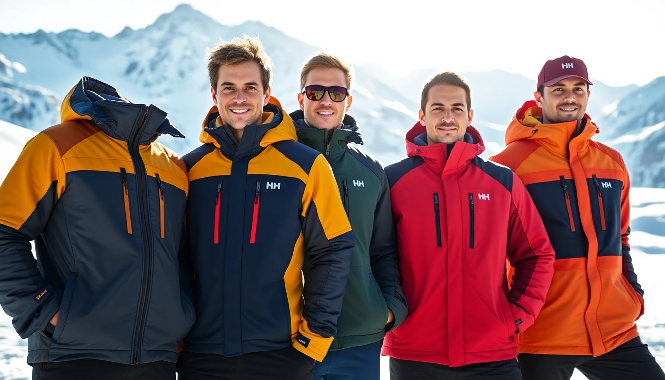 Men showcasing Helly Hanson men's outdoor gear in a snowy mountain landscape.