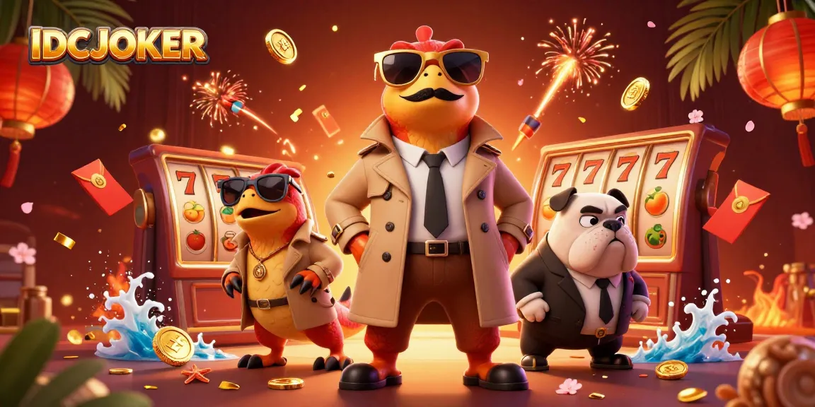Experience the thrill of IDCJOKER with colorful slot games and animated raptors in a casino scene