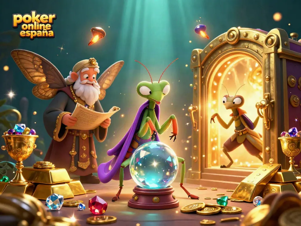 Juega póker online España con los mejores personajes en una escena llena de tesoros y magia
