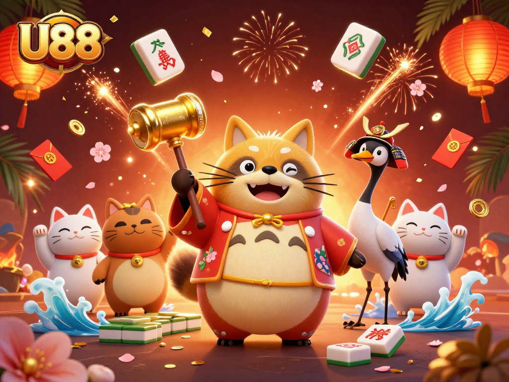 Spin the reels with U88, as cheerful tanuki and lucky cats celebrate in a vibrant casino scene.
