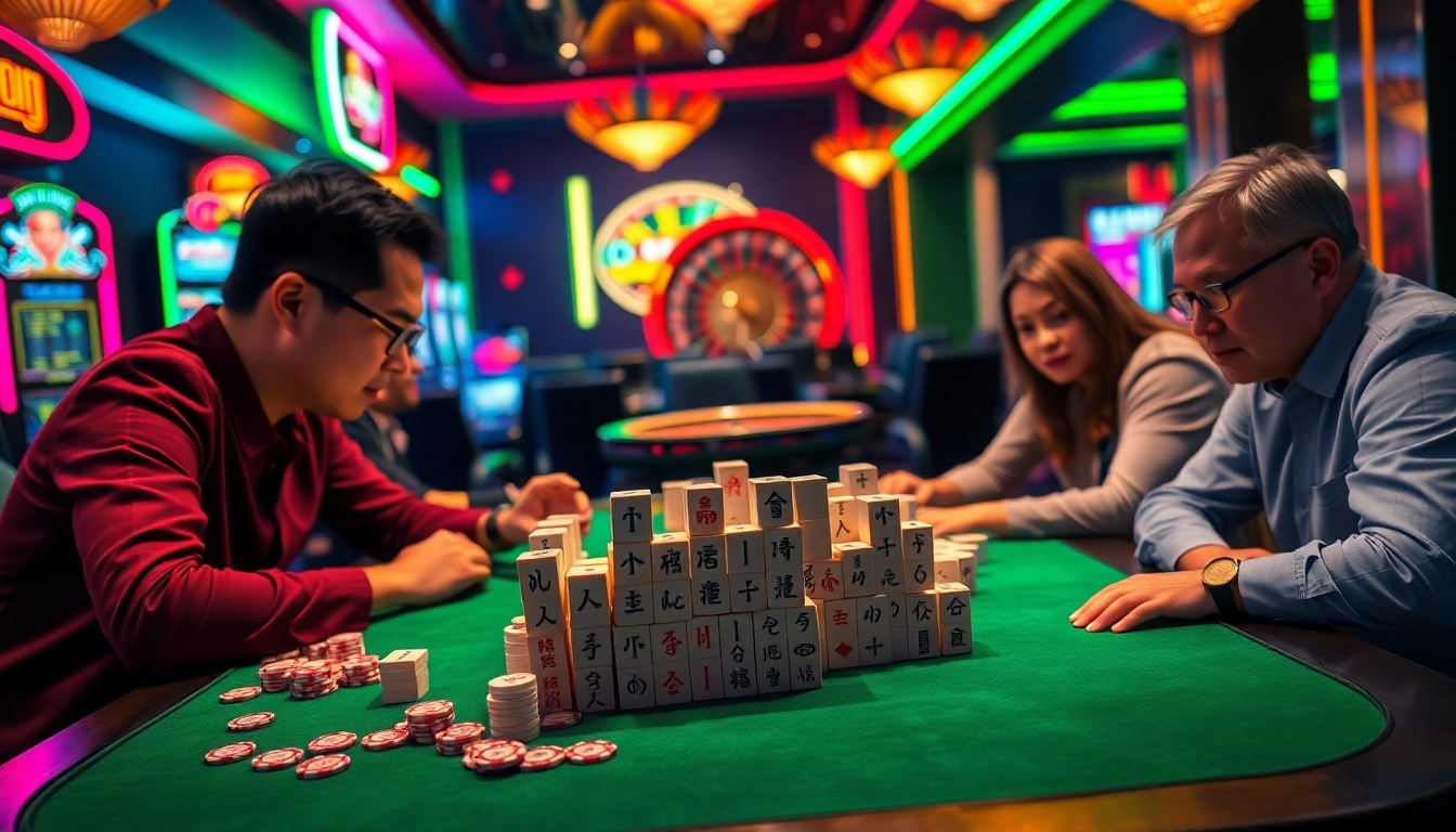 Players enjoying a thrilling game of link mahjong at a vibrant casino table filled with poker chips and Mahjong tiles.