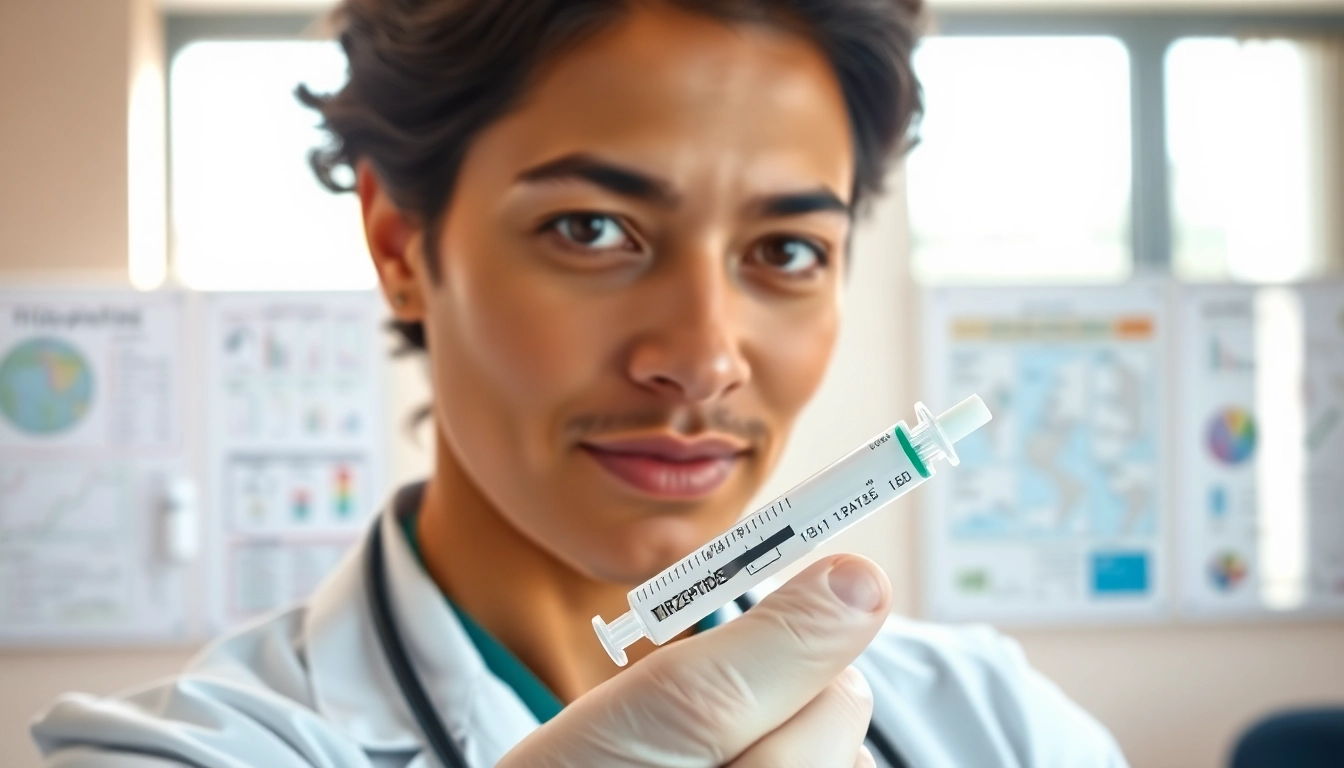 Clinician demonstrating Tirzepatide syringe in a professional healthcare environment.