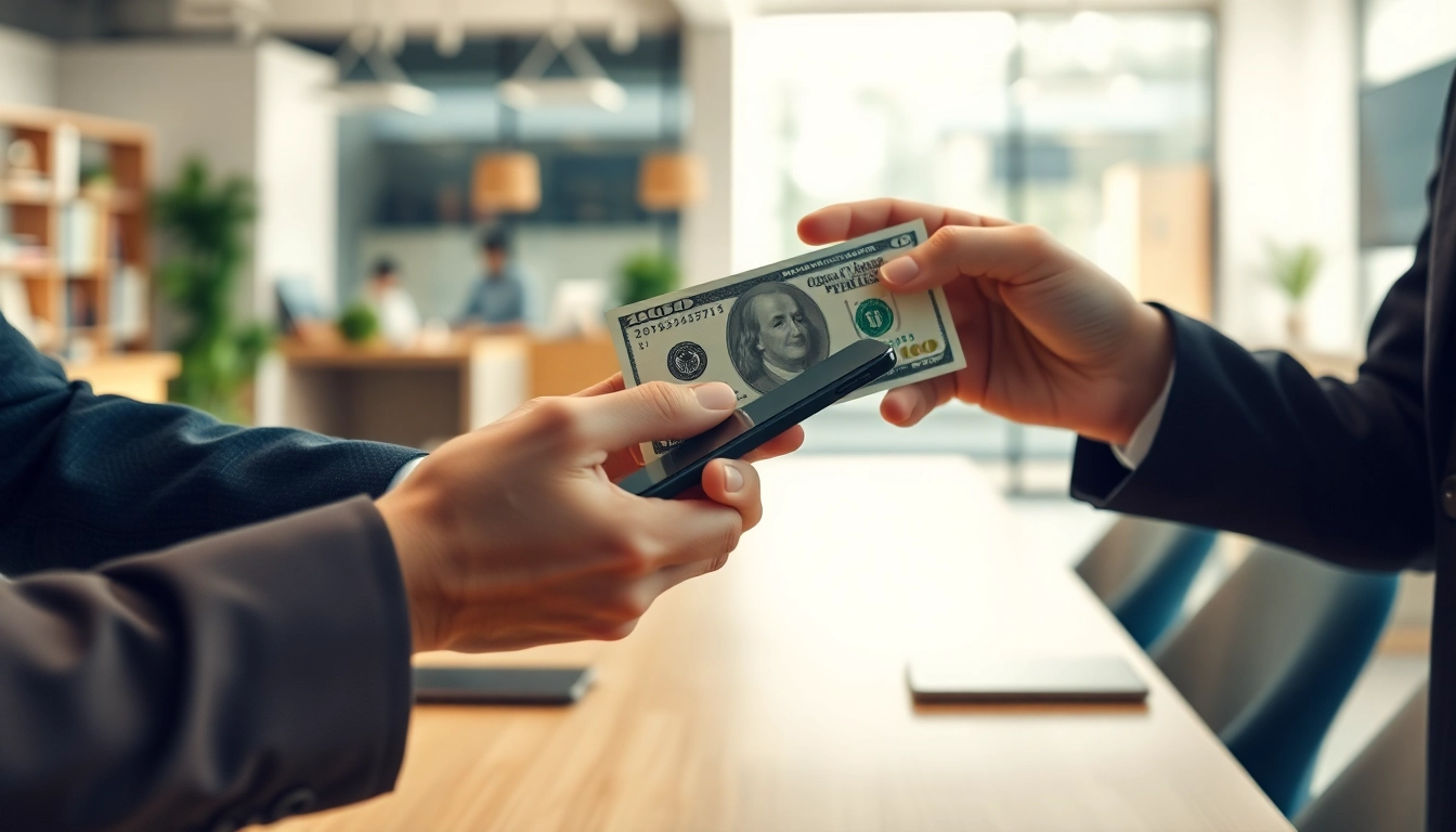 Sell used phone cash with engaging scene of a phone exchange transaction.