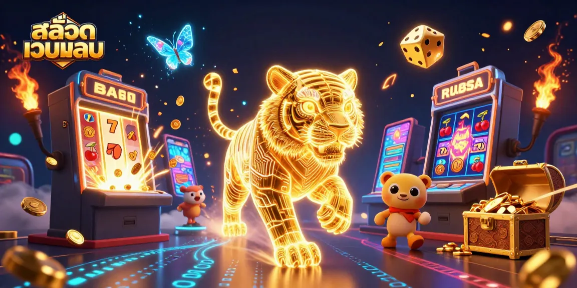 Play สล็อตเว็บตรง with a golden tiger and dynamic casino elements, showcasing thrilling gameplay.