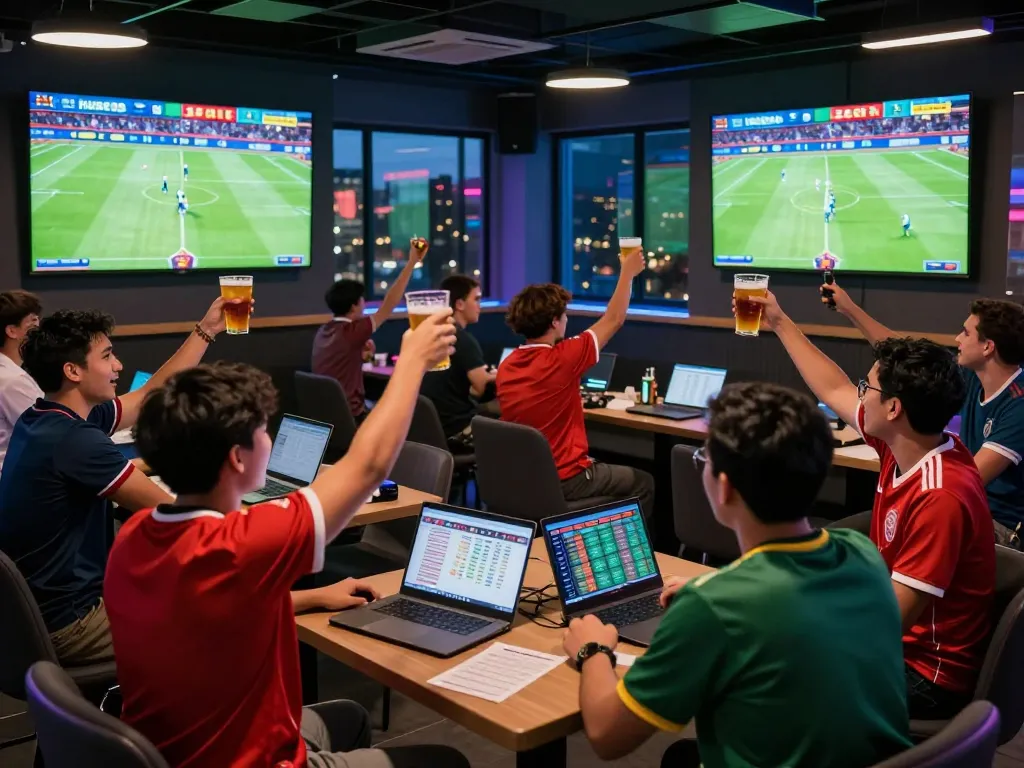 Thrilling sports betting atmosphere at Thể thao hubet88 lounge with fans celebrating.