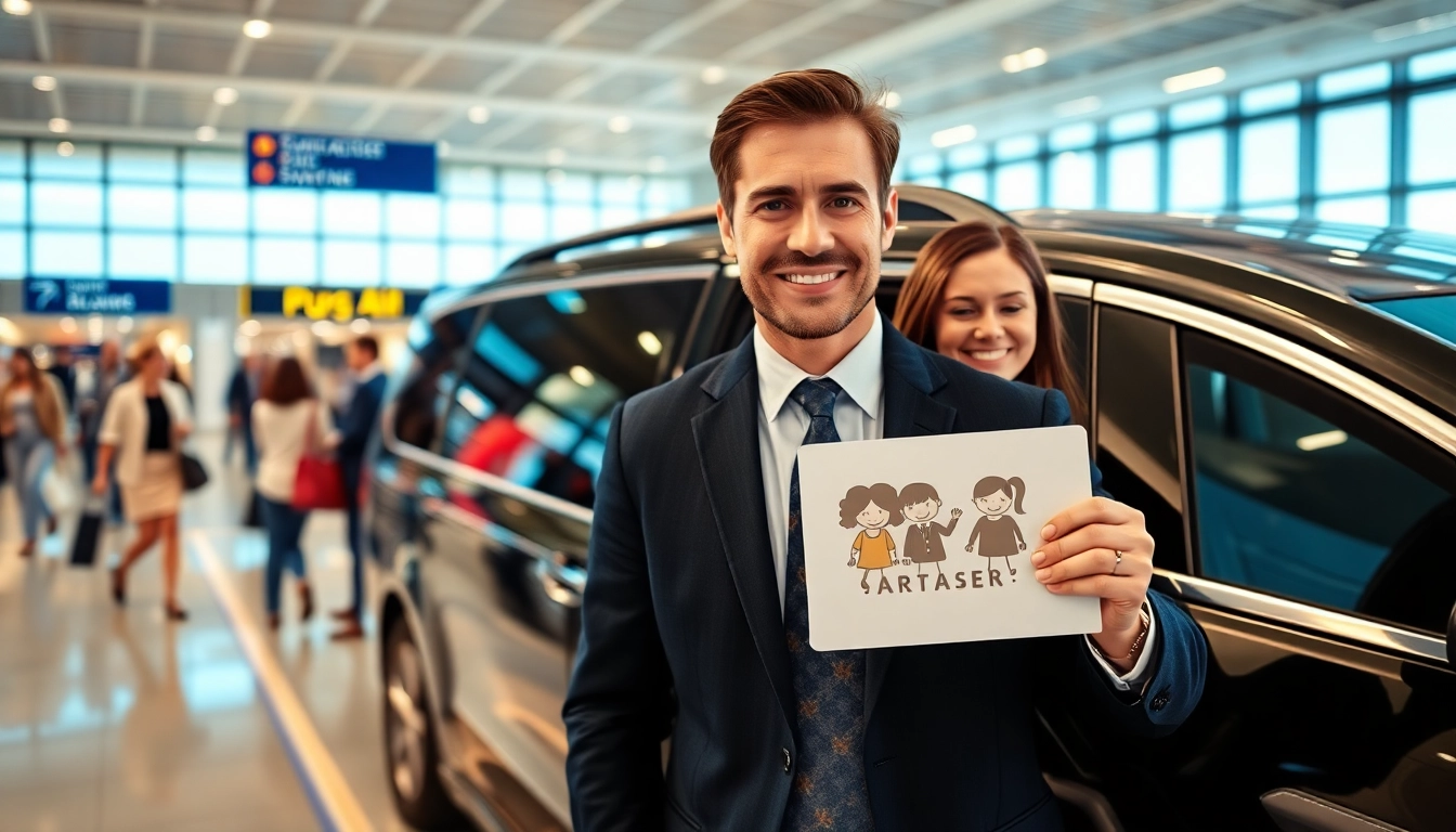 Private Airport Transfers showcasing a driver greeting travelers with a smile in an airport setting.