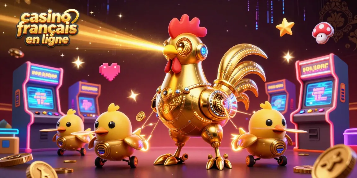 Une scène dynamique de casino francais en ligne, mettant en vedette un robot coq d'or futuriste et des drones de poussins avec des machines de jeu colorées.