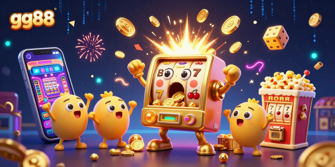 Experience the excitement of gg88 with a golden slot machine celebrating jackpot wins in a vibrant casino scene.