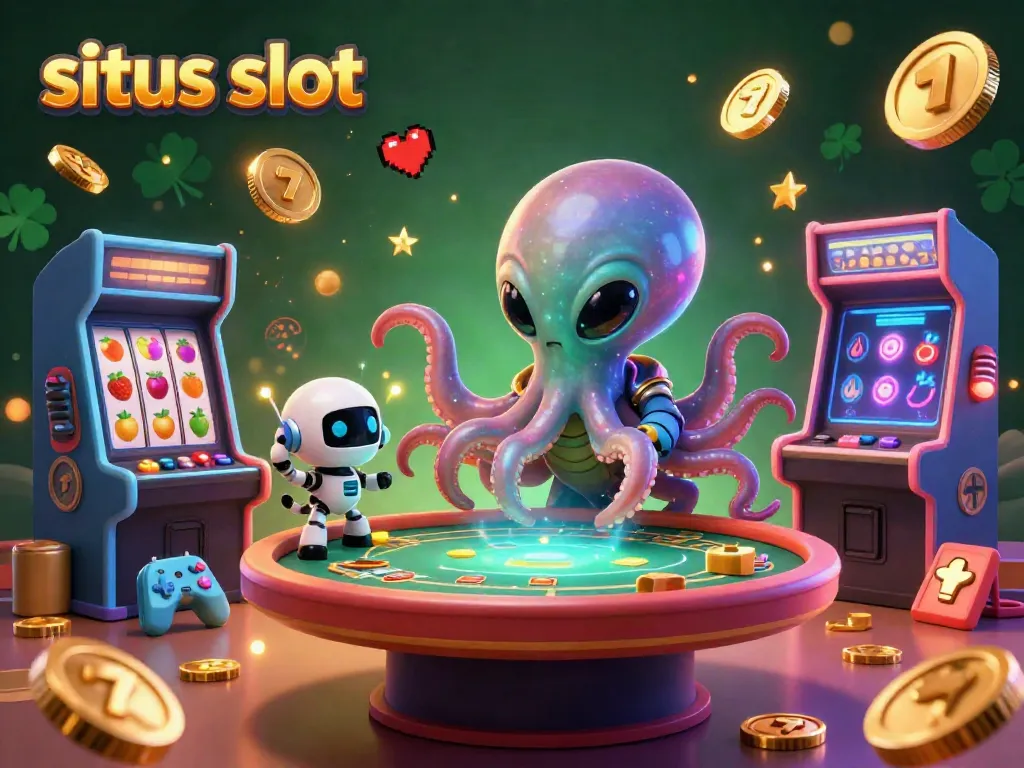 Ilustrasi 3D menarik dengan situs slot dan karakter luar angkasa di meja poker