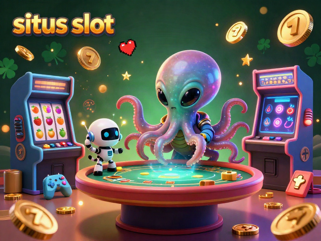 Ilustrasi 3D menarik dengan situs slot dan karakter luar angkasa di meja poker