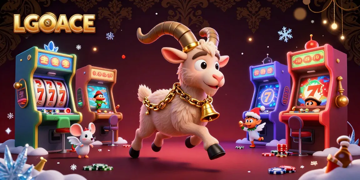 LGOACE casino scene with Krampus goat and angel mouse overseeing festive slot machines and gremlins stealing chips.