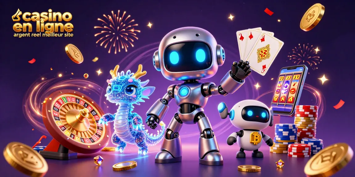 Visualisez "casino en ligne argent reel meilleur site" avec un robot cyberpunk et ses compagnons dans un décor de casino dynamique.