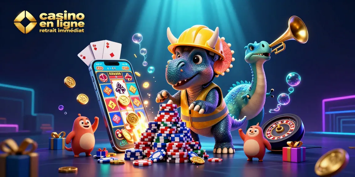 Jouez facilement sur un casino en ligne avec retrait immédiat, illustré par des personnages jubilants autour de jeux de casino.