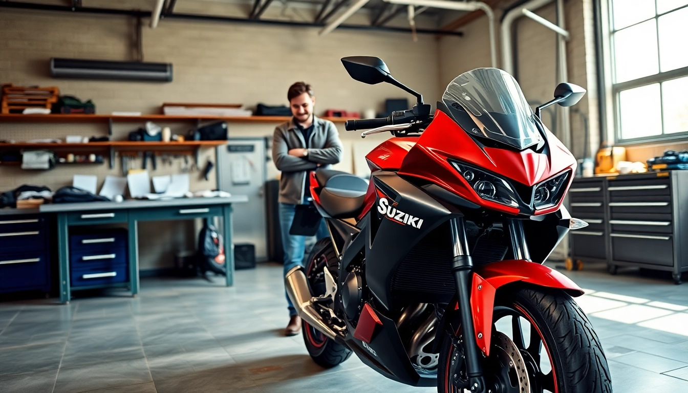 Wir kaufen dein motorrad erfahrungen bei der Inspektion eines Suzuki in einer gut beleuchteten Garage.
