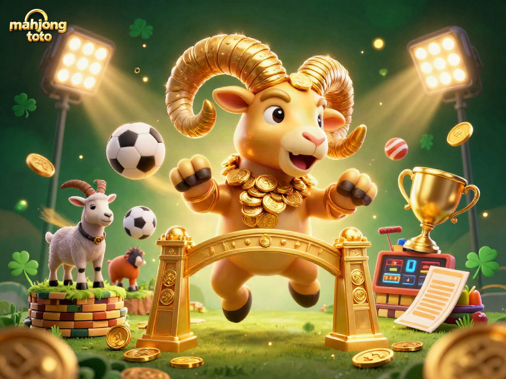 Experience mahjong toto excitement with a vibrant scene of golden ram and sports elements.