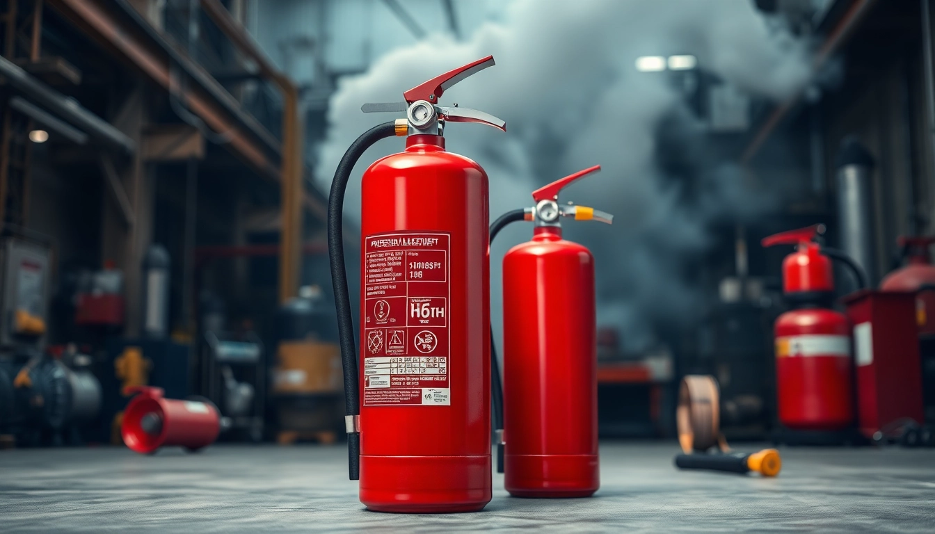 Strong electrical fire extinguisher displayed prominently in an industrial setting during an emergency.