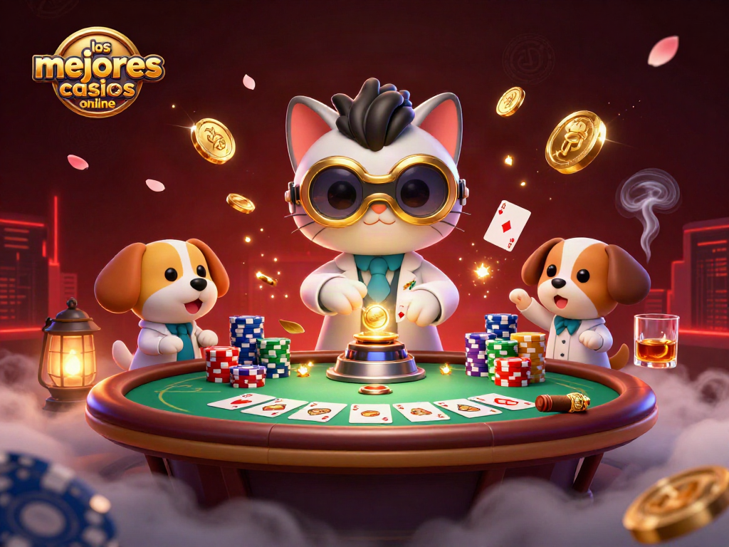 Ilustración 3D de "los mejores casinos online" con una escena de un gato científico loco y un perro asistente en un laboratorio dando vida a un juego en un casino.