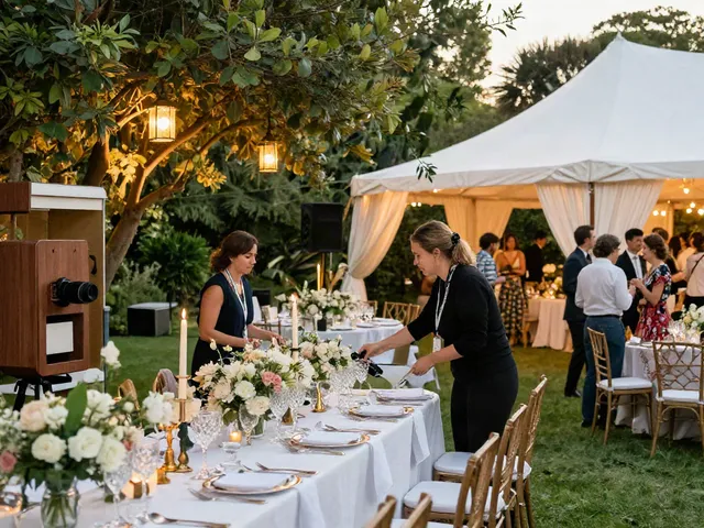 Event rentals setup showcasing elegant wedding decor in a lush garden.