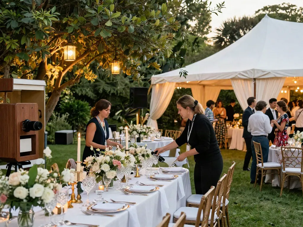 Event rentals setup showcasing elegant wedding decor in a lush garden.