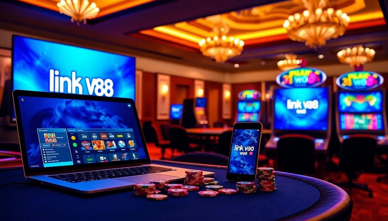 Engaging image showcasing the online gambling experience at link vao w88, featuring casino tables and gaming devices.