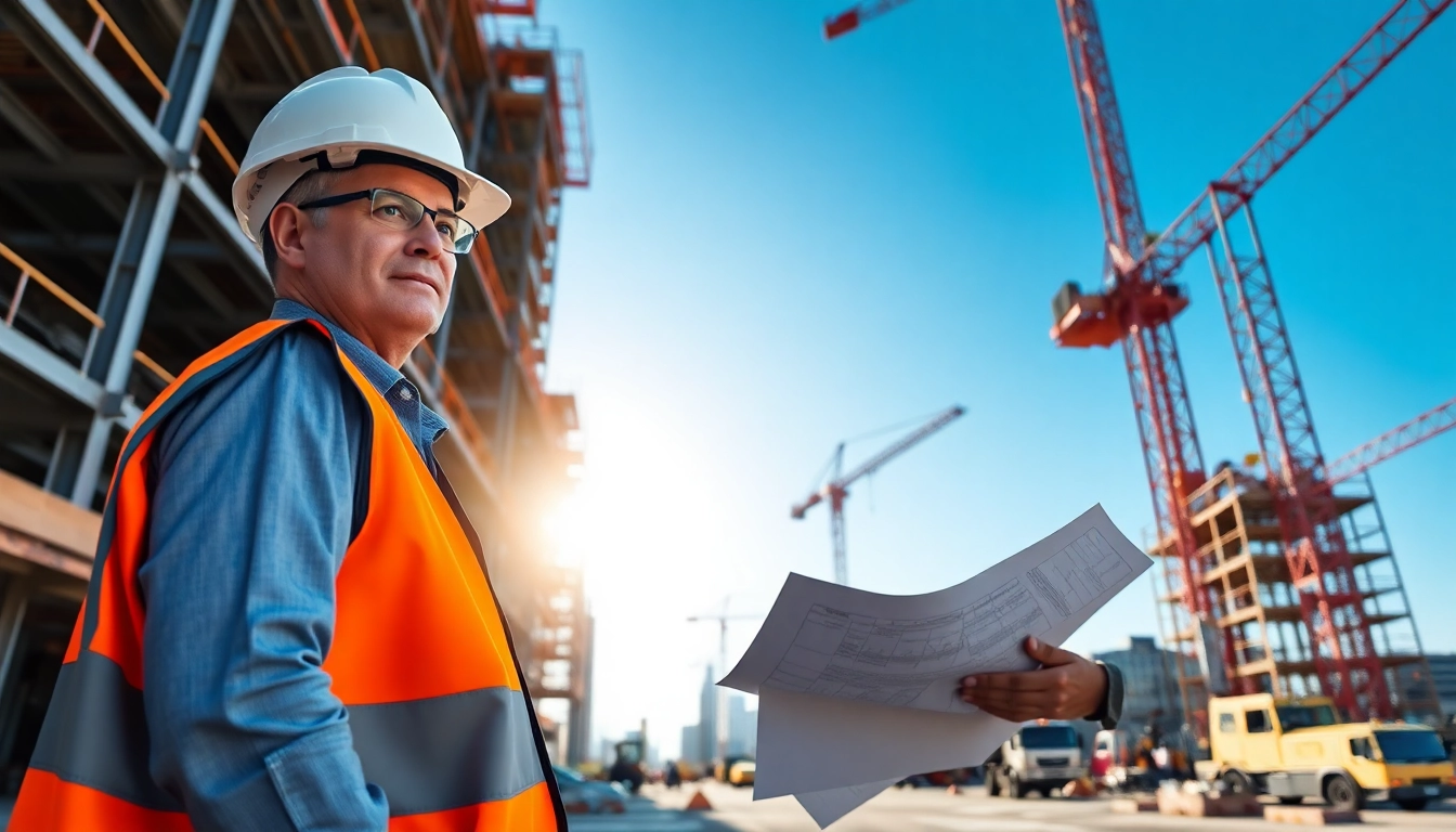 Manhattan Construction Manager guiding a team at a busy construction site.