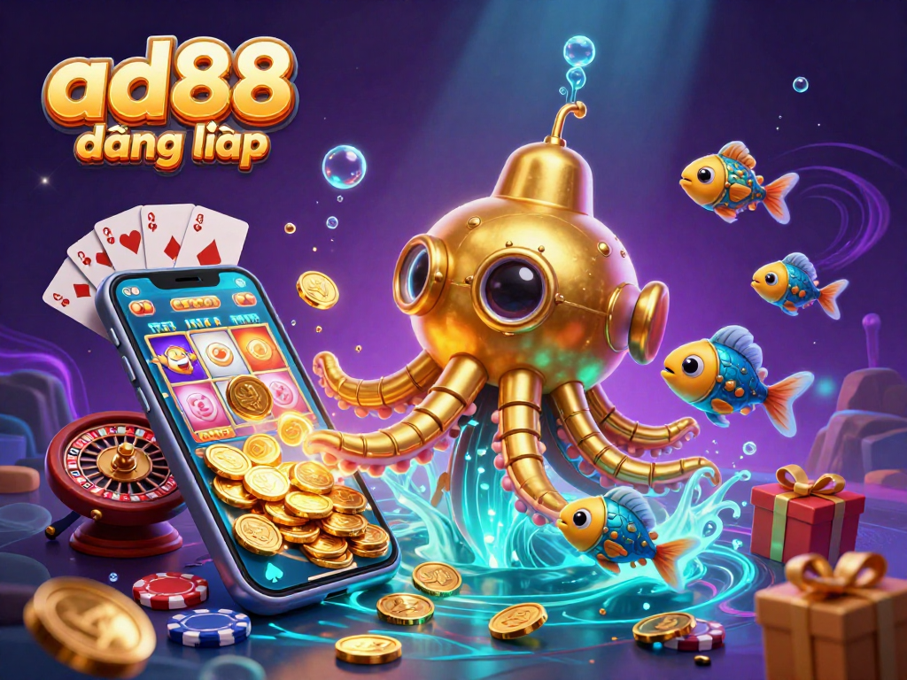 Engage in thrilling gameplay at ad88 đăng nhập with vibrant slots and casino elements amid sparkling coins.