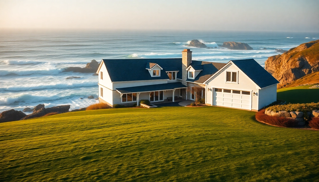 Beautiful cape cod home with attached garage set against a coastal backdrop.