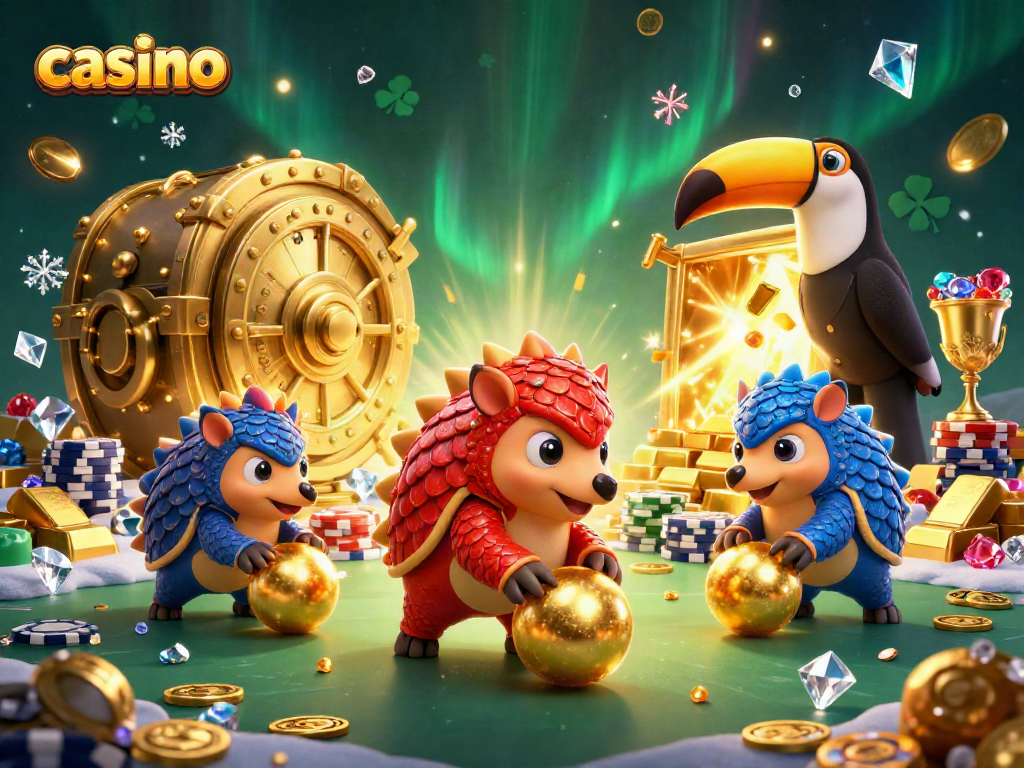 Experience thrilling gameplay with cartoon pangolins in a dynamic casino scene, bowling through poker chips.
