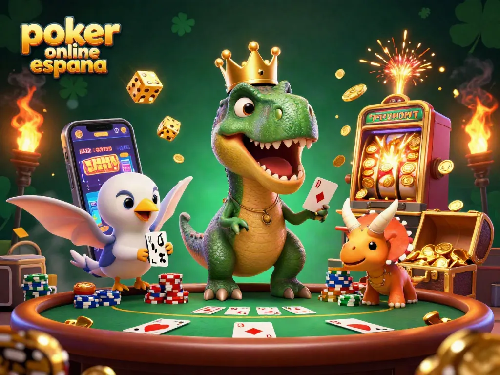 Disfruta del póker online España mientras los personajes juegan sobre una mesa llena de fichas