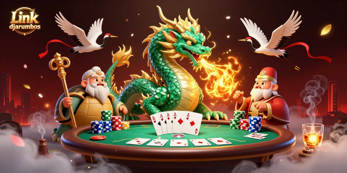 Engage with Link djarumbos at a dynamic poker scene featuring mythical characters and vibrant casino elements.