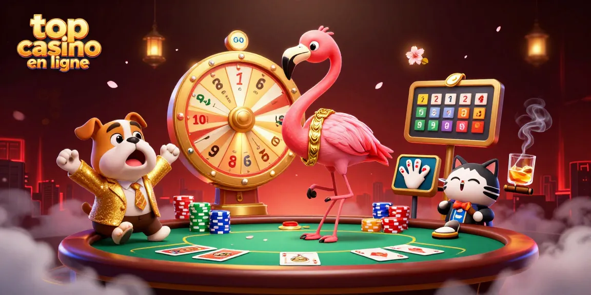 Scène animée représentant le top casino en ligne avec un animateur, un bulldog et un chat assistant révélant des prix.