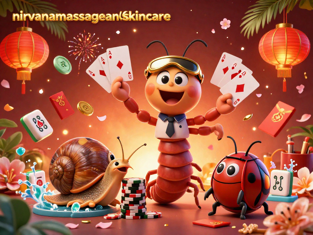 Nirvanamassageandskincare features a lively casino scene with a cartoon millipede dealer and a snail high-roller surrounded by 3D mahjong tiles and golden decorations.