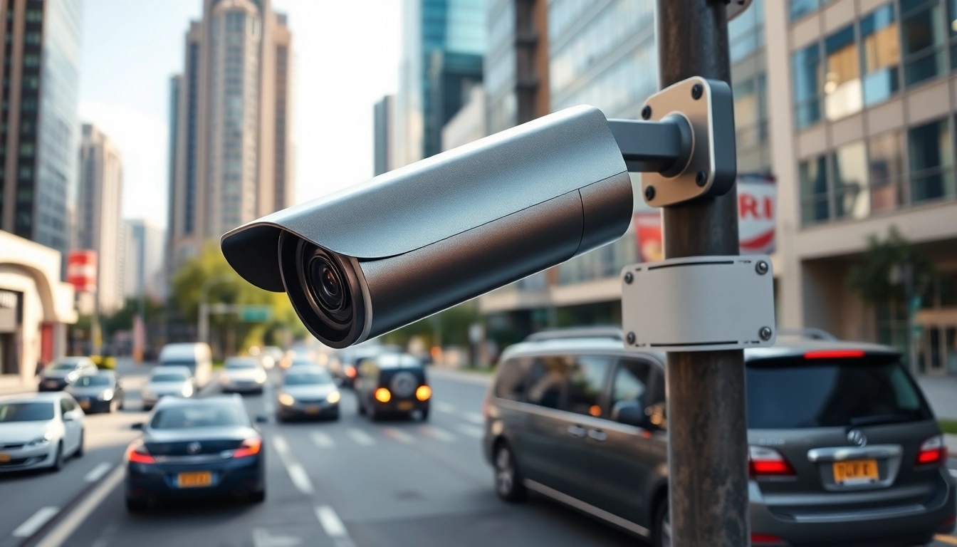 Automatic license plate recognition system monitoring urban traffic with a high-resolution camera.