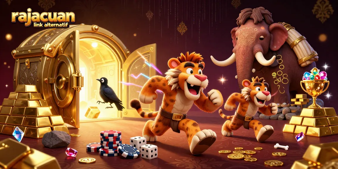 Menangkan bonus dengan rajacuan link alternatif dalam ilustrasi kasino prasejarah yang penuh dengan harta karun.