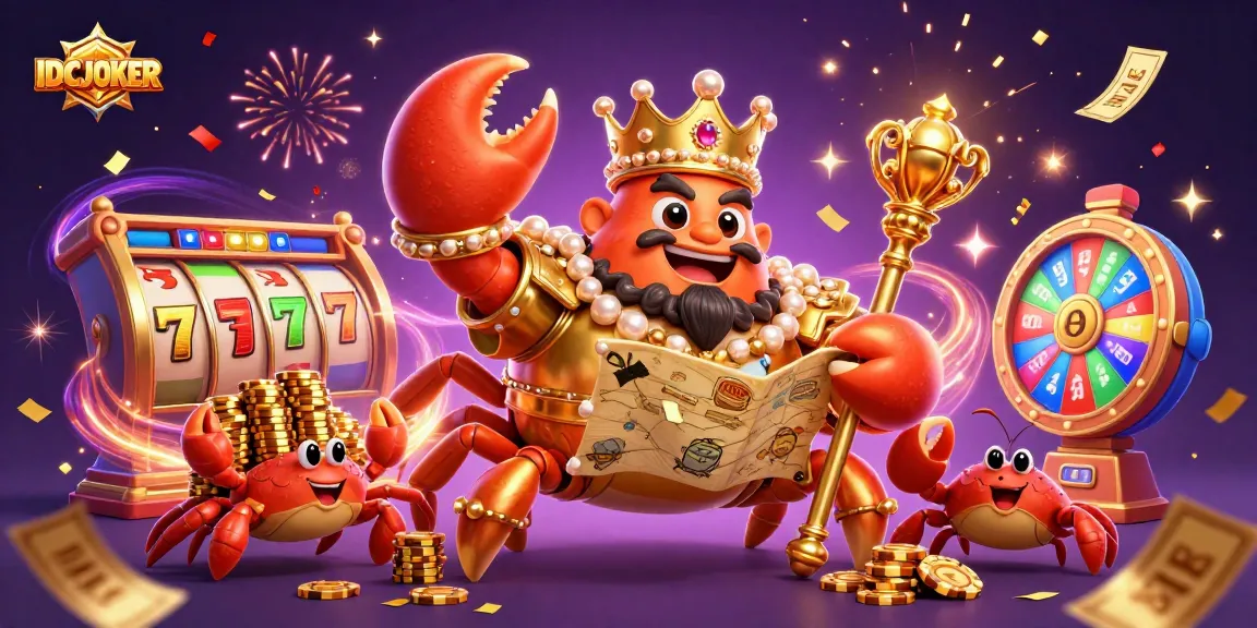 Play winning slots at IDCJOKER with a vibrant illustration featuring a golden crab emperor surrounded by exciting game elements.
