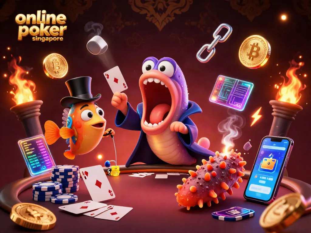 Experience thrilling online poker singapore with animated characters performing magic tricks amid vibrant gaming elements.
