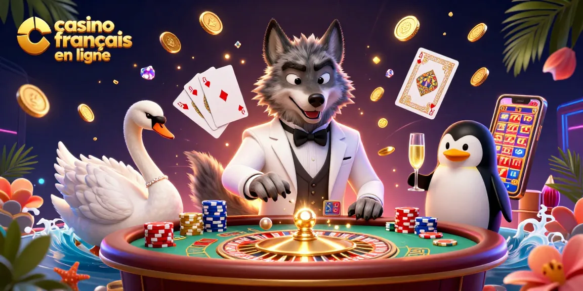 Illustration animée d'un casino français en ligne avec un loup élégant et une cygne dealer aux cartes, créant une ambiance de jeu captivante.