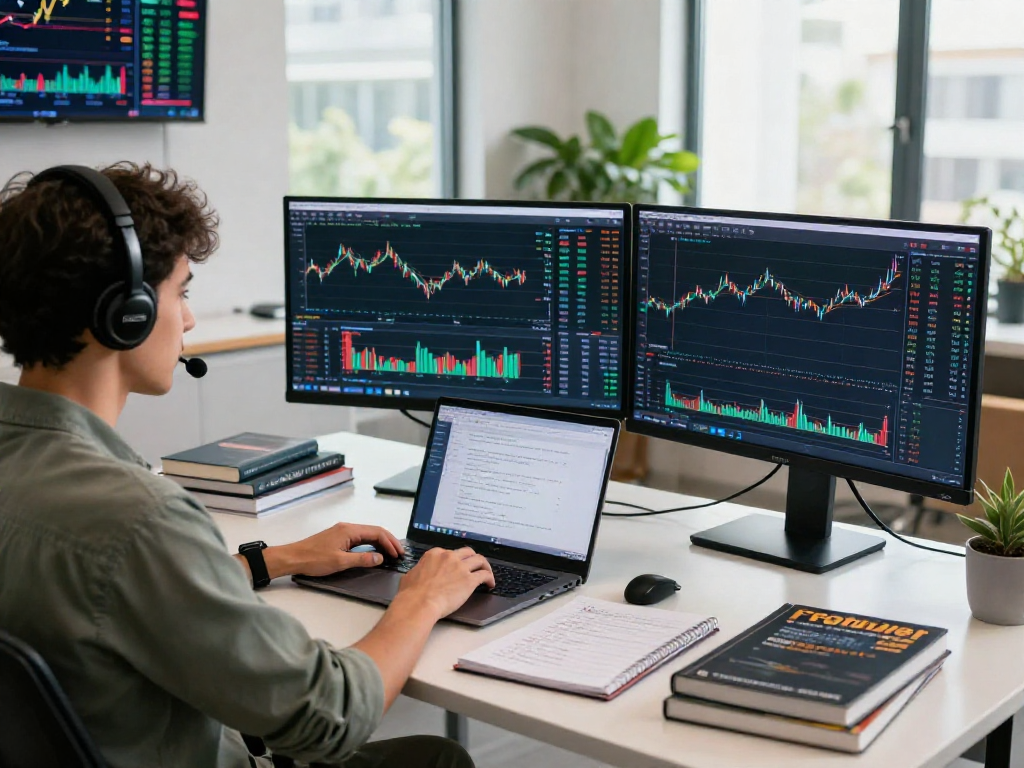 Trader analyzing market trends on TradingView in a modern office workspace.