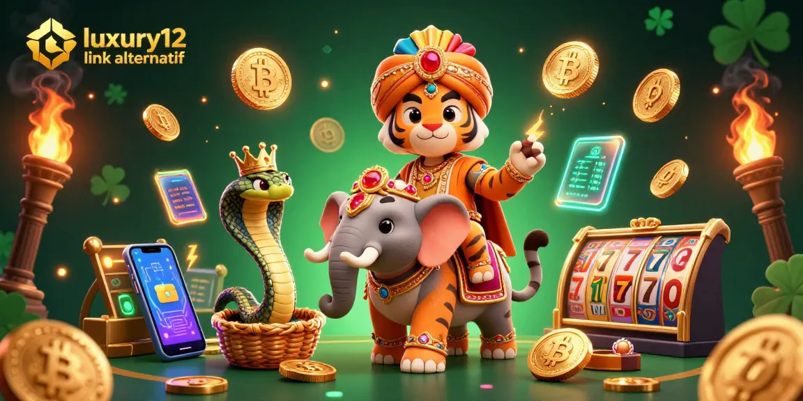 Engage in thrilling gambling action with luxury12 link alternatif in a vibrant casino illustration featuring cartoon characters and crypto elements.