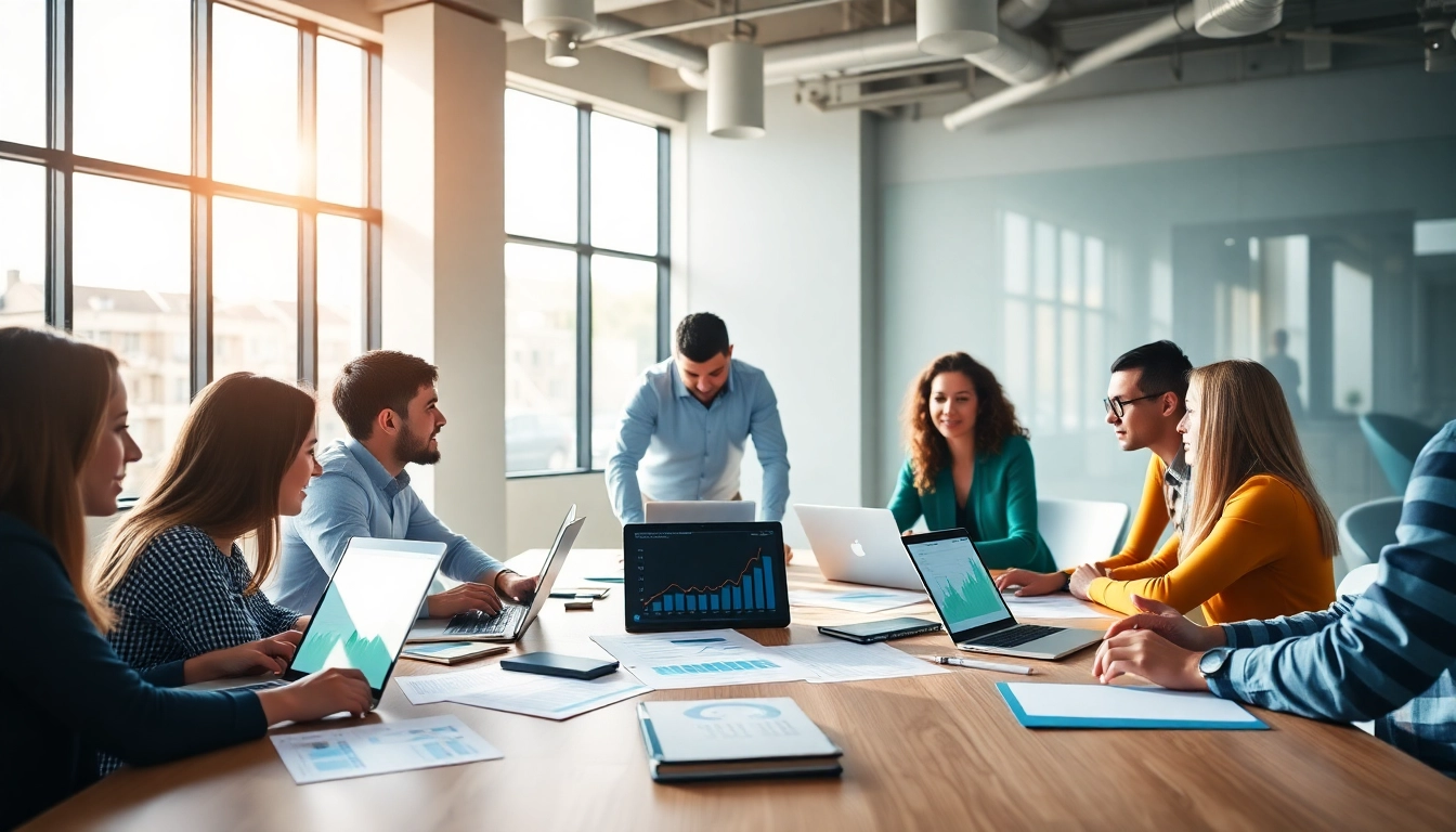 Engaging team collaborating on digital marketing strategies in a bright office.