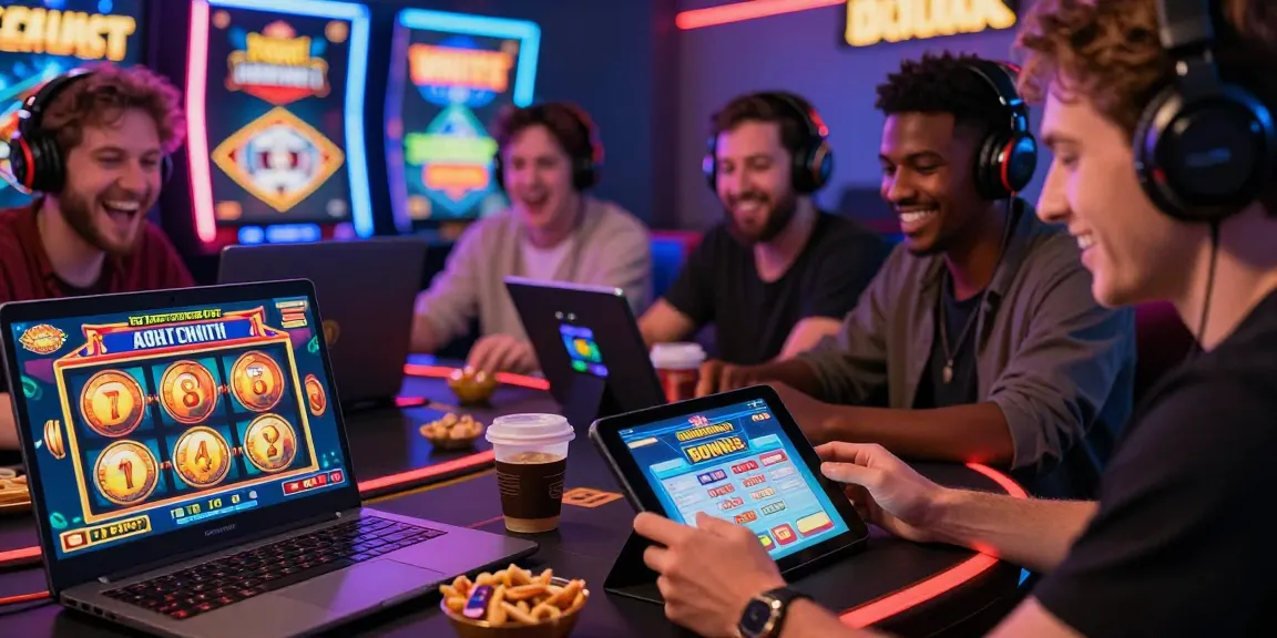 Exciting moment at top credit card casinos where players enjoy gaming with laptops and tablets amidst vibrant decor.