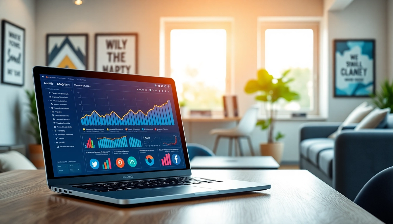 Graphic illustrating a cheap smm panel with analytical data on a laptop in a modern office.