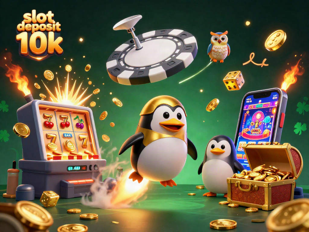 Experience slot deposit 10k excitement with a golden penguin, jackpot slots, and immersive casino elements.