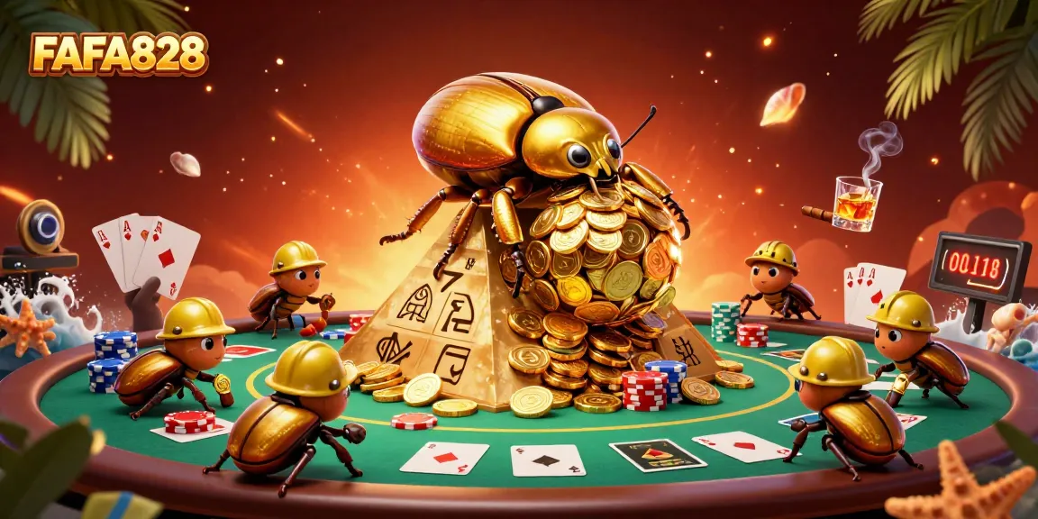 Experience FAFA828's thrilling casino vibe with dynamic beetle characters navigating a gold coin pyramid.