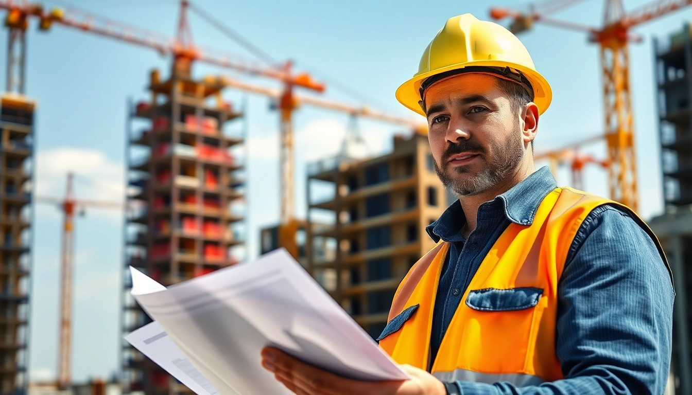 New York General Contractor reviewing plans amid a bustling construction site with bright sunlight.