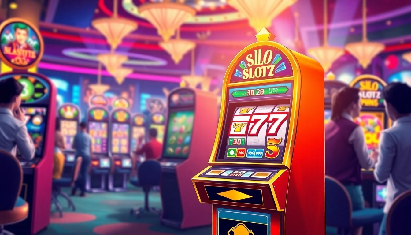 Mainan Slot77 yang menarik dengan grafik cerah dan pemain energik di kasino.