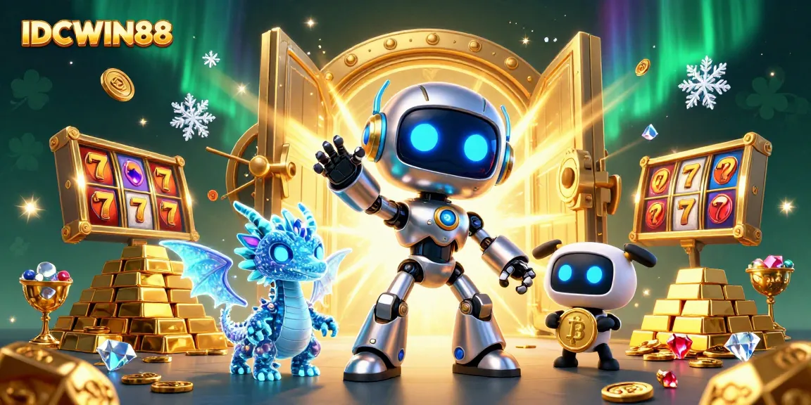 Experience big wins at IDCWIN88 with a futuristic 3D illustration of exciting gambling elements.