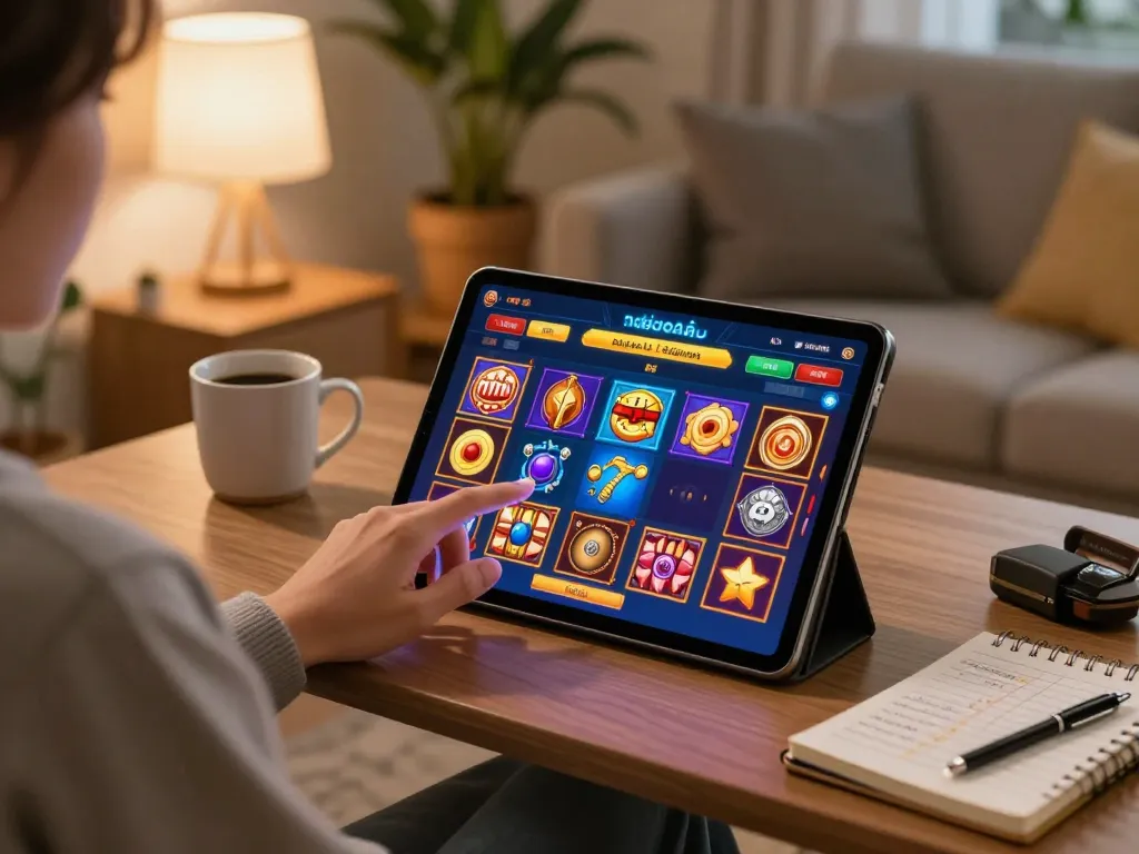 Enjoying a thrilling game of สล็อตวอเลท on a tablet in a cozy home setting while exploring betting strategies.